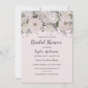 Invitación Bonito Rubor Pink Silver Floral Birder Shower