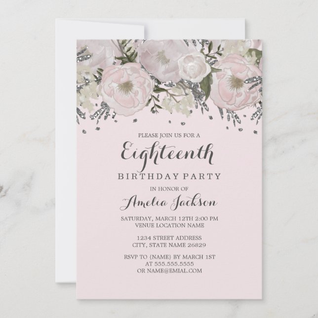 Invitación Bonito Rubor Plata Rosa Floral 18 cumpleaños (Anverso)