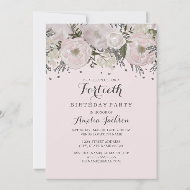 Invitación Bonito Rubor Plata Rosa Floral 40 cumpleaños (Anverso)