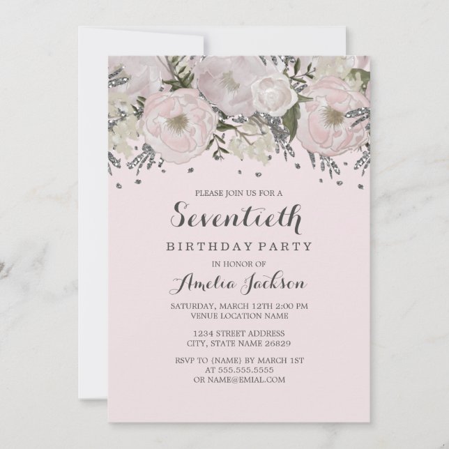 Invitación Bonito Rubor Plata Rosa Floral 70 cumpleaños (Anverso)