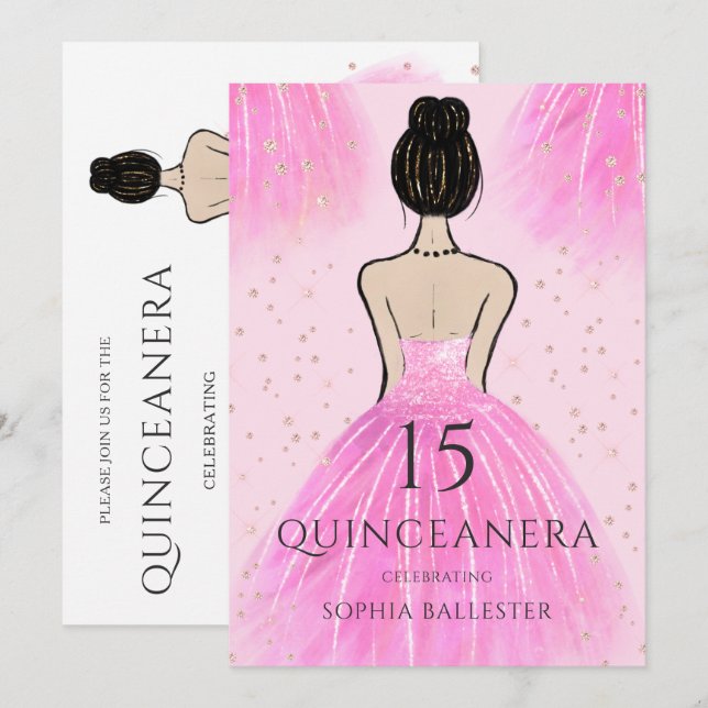 Invitación Bonito Rubor Ropa de princesa rosa Quinceanera Fie (Anverso / Reverso)