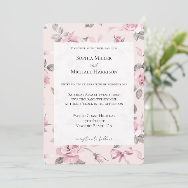 Invitación Bonito Rubor Rosa Floral & Bows Boda (Anverso de pie)