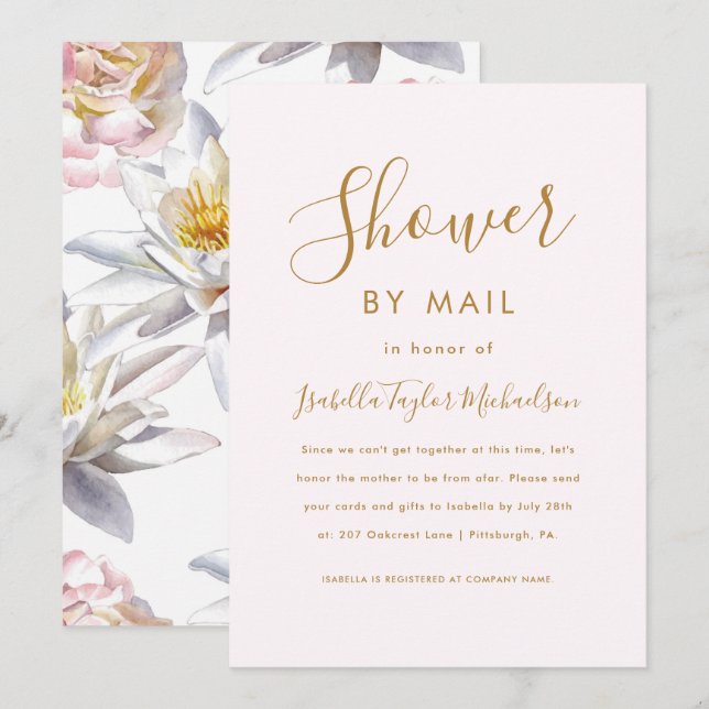 Invitación Bonito Rubor y Floral Shower por correo (Anverso / Reverso)