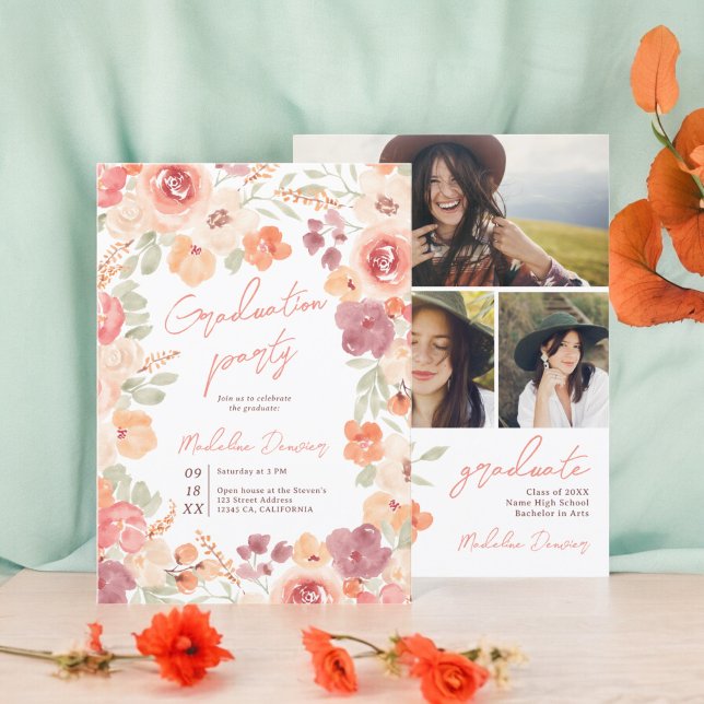 Invitación Bonito rústico boho floral 3 fotos graduación (Pretty rustic boho floral 3 photos graduation invitation)