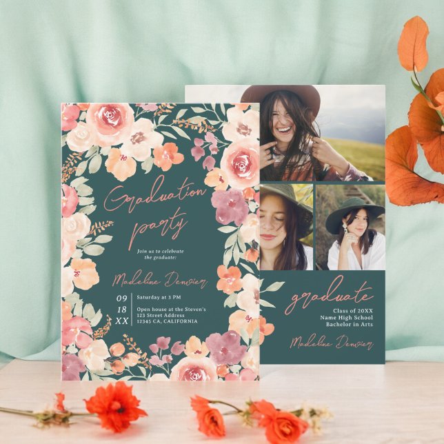 Invitación Bonito rústico boho floral verde azulado 3 fotos g (Pretty rustic boho floral teal 3 photos graduation invitation on dark teal)