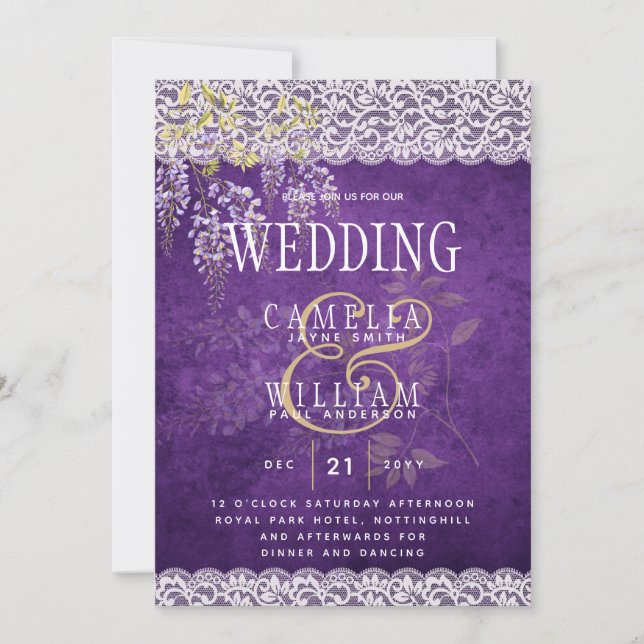 Invitación Bonito Rústico Púrpura WISTERIA Boda de encaje (Anverso)
