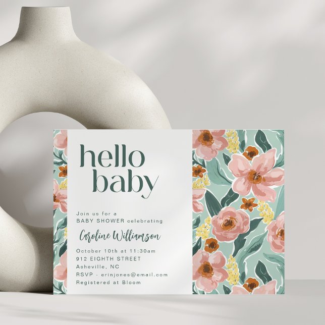 Invitación Bonito Sage Green Pink Floral Hola Baby Shower (Subido por el creador)