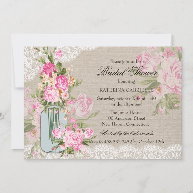 Invitación Bonito Shabby Chic Lace & Floral Bridal Shower (Anverso)