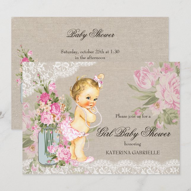 Invitación Bonito Shabby Lace Floral Chica Baby Shower Blonde (Anverso / Reverso)