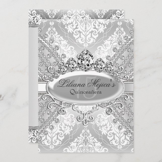 Invitación Bonito Silver Damask Tiara Quinceanera (Anverso / Reverso)