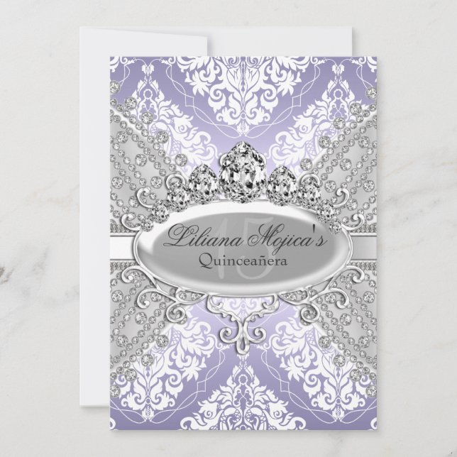 Invitación Bonito Silver Purple Damask y Tiara Quinceanera (Anverso)