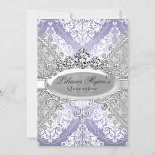 Invitación Bonito Silver Purple Damask y Tiara Quinceanera