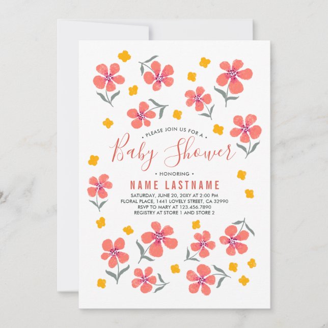 Invitación Bonito simple folk Flores rojas amarillas Baby Sho (Anverso)