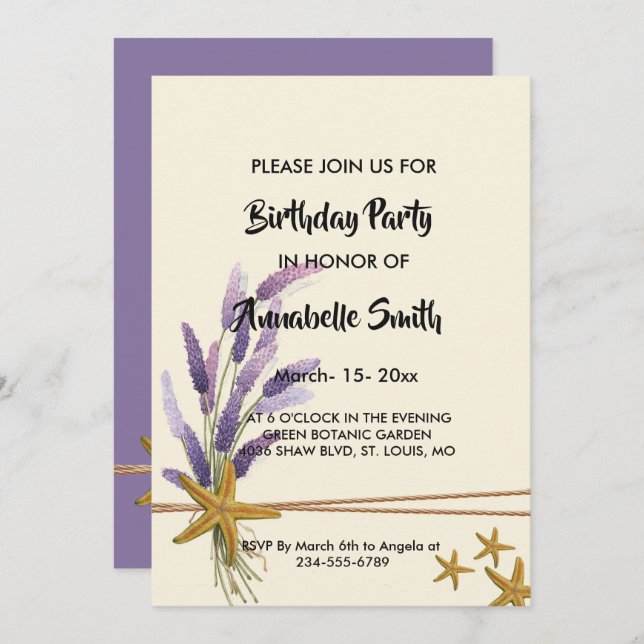 Invitación bonito Simple Starfish Birday (Anverso / Reverso)