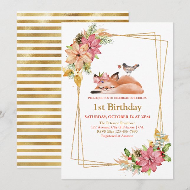 Invitación Bonito Sleepy Fox Gold Purpurina Chica Primer Cump (Anverso / Reverso)
