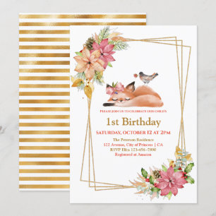 Invitación Bonito Sleepy Fox Gold Purpurina Chica Primer Cump