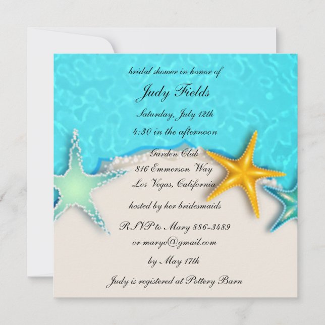 Invitación Bonito Starfish Summer Beach Bridal Shower Invite (Anverso)