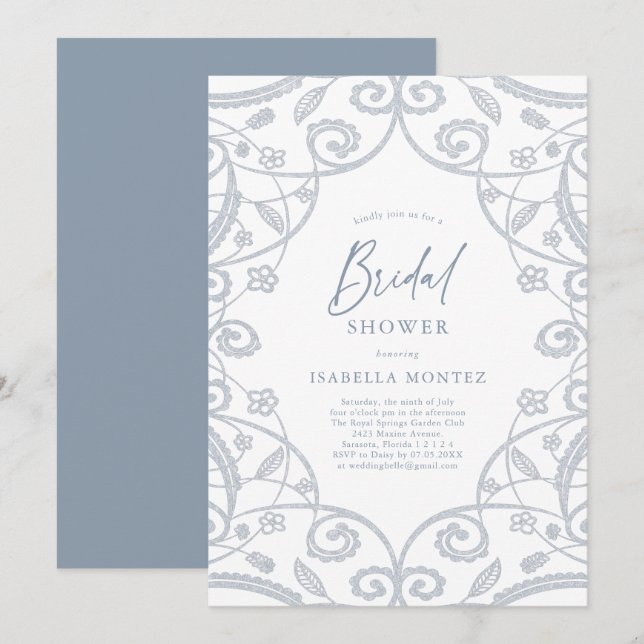 Invitación Bonito Suave Dusty Blue Silver Floral Bridal Showe (Anverso / Reverso)