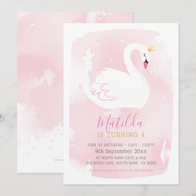 Invitación BONITO SWAN BIRTHDAY PARTY elegante oro pálido (Anverso / Reverso)