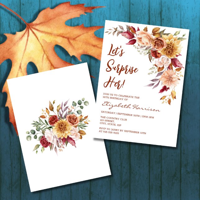 Invitación Bonito Terracotta Autumn Floral Surprise Cumpleaño (Subido por el creador)