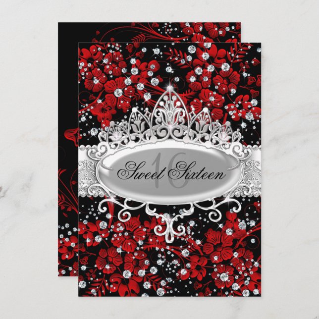 Invitación Bonito Tiara & Sparkle Flores Dulce Rojo 16 (Anverso / Reverso)
