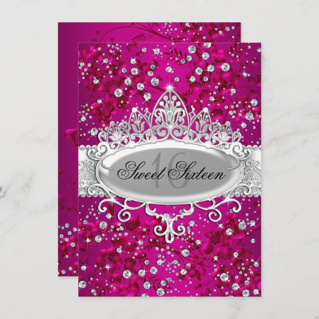 Invitación Bonito Tiara Sparkle Flores Dulce Rosa 16 (Anverso / Reverso)