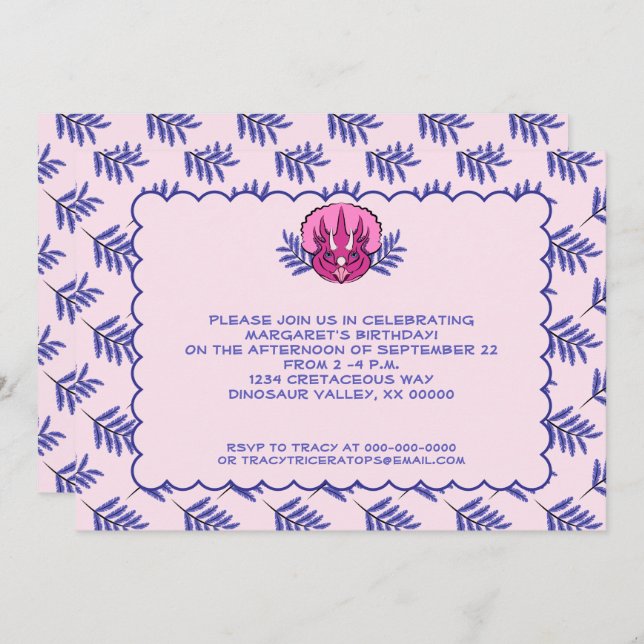 Invitación Bonito Triceratops Chica de dinosaurios rosados Cu (Anverso / Reverso)