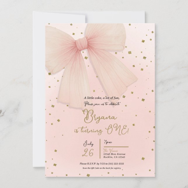 Invitación Bonito Tulle Bow & Gold Confetti Primer cumpleaños (Anverso)