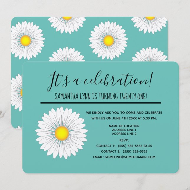 Invitación Bonito verde azulada Pequeña Daisy 21ª Fiesta de c (Anverso / Reverso)
