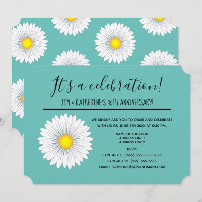 Invitación Bonito verde azulada Pequeña margarita 30° anivers (Anverso / Reverso)