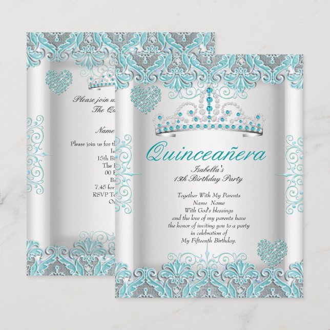 Invitación Bonito Verde azulado azul Quinceanera Fiesta Tiara (Anverso / Reverso)