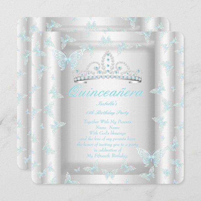 Invitación Bonito Verde azulado Blue Quinceanera Fiesta Tiara (Anverso / Reverso)