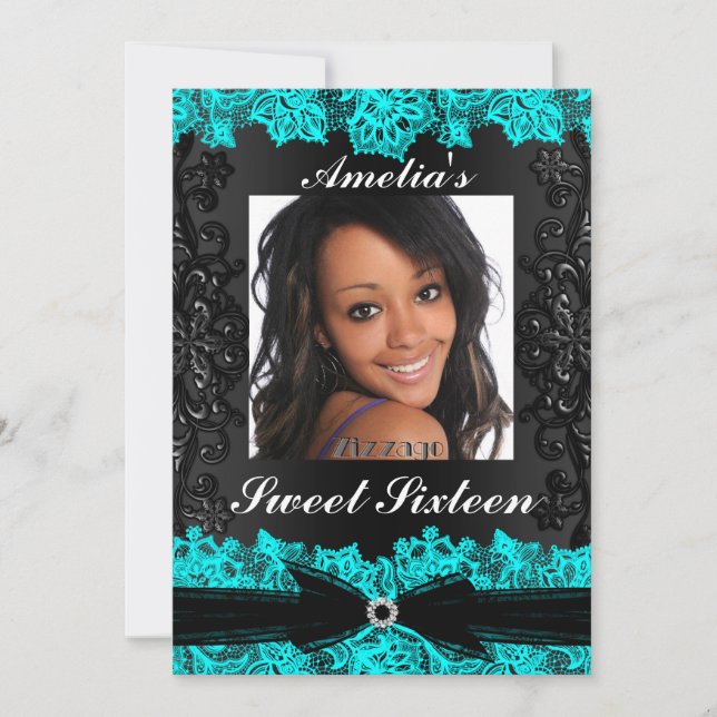 Invitación Bonito Verde azulado y negro Lace Photo Sweet 16 I (Anverso)