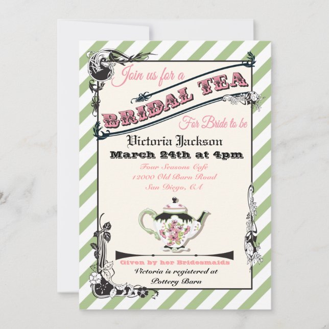 Invitación Bonito Victoriano Bridal Shower Tea Fiesta (Anverso)