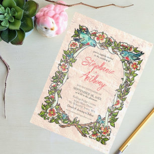 Invitación Bonito Vintage Pink Floral Bluebird Border Boda