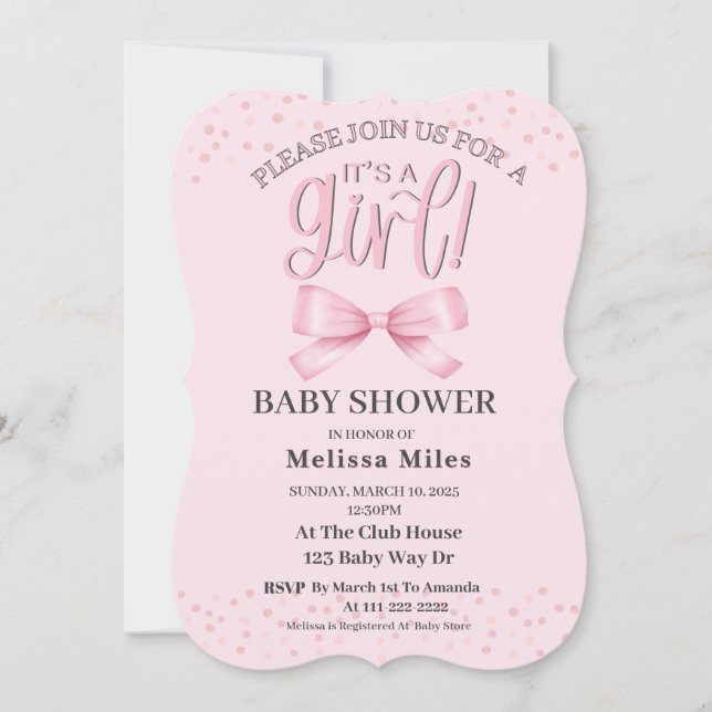 Invitación Bonito Watercolor Bow Rosa Chica Bebé (Anverso)