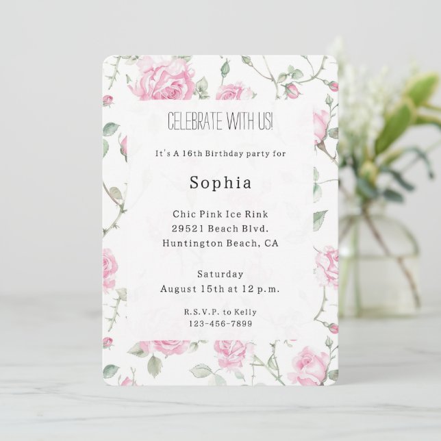 Invitación Bonito White Pink Roses Floral Cumpleaños (Anverso de pie)