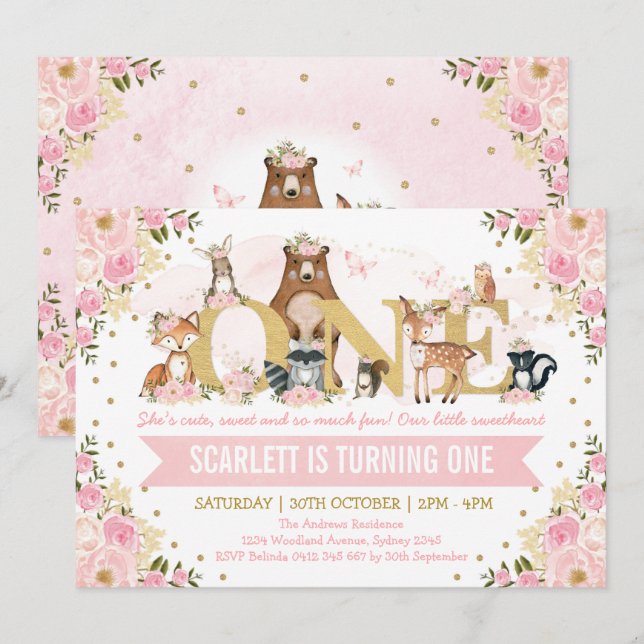 Invitación Bonito Woodland Animals Rubor Gold Primer cumpleañ (Anverso / Reverso)