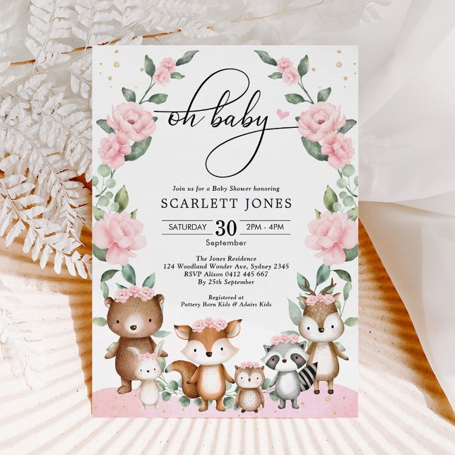 Invitación Bonito Woodland Greenery Pink Floral Baby Shower (Subido por el creador)
