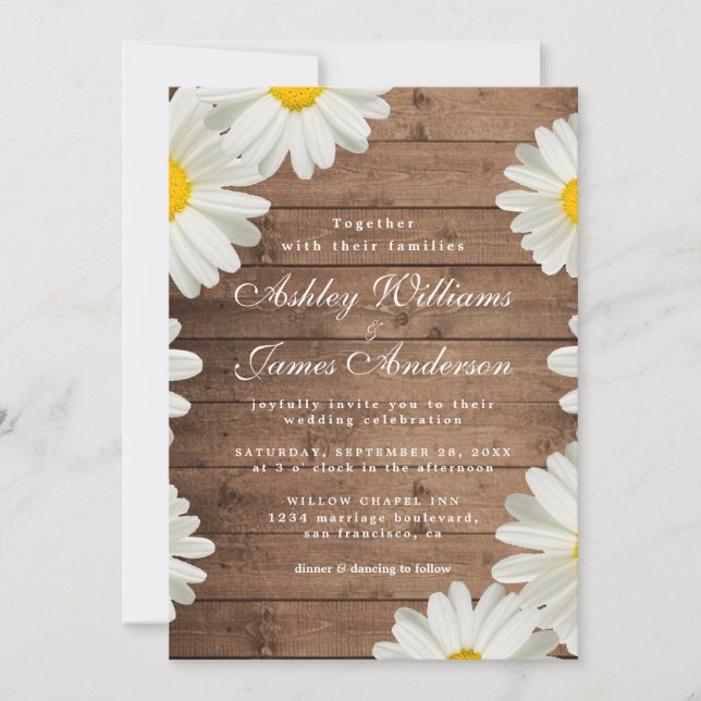 Invitación Bonitos Daisies Boda de Madera Rústica Floral Blan (Anverso)