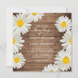 Invitación Bonitos Daisies Boda de Madera Rústica Floral Blan