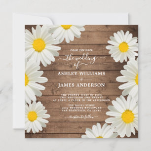 Invitación Bonitos Daisies Boda de Madera Rústica Floral Blan