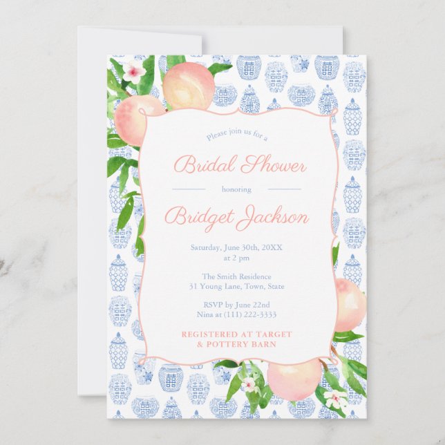 Invitación Bonitos Peaches Azul Y Boda Blanca Fiesta De Ducha (Anverso)