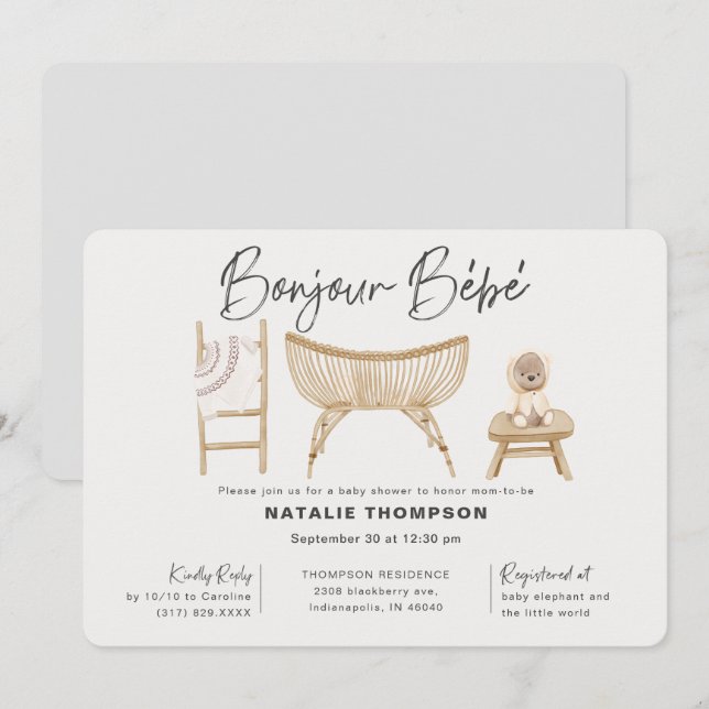Invitación Bonjour Bebe Baby Shower neutra de género (Anverso / Reverso)