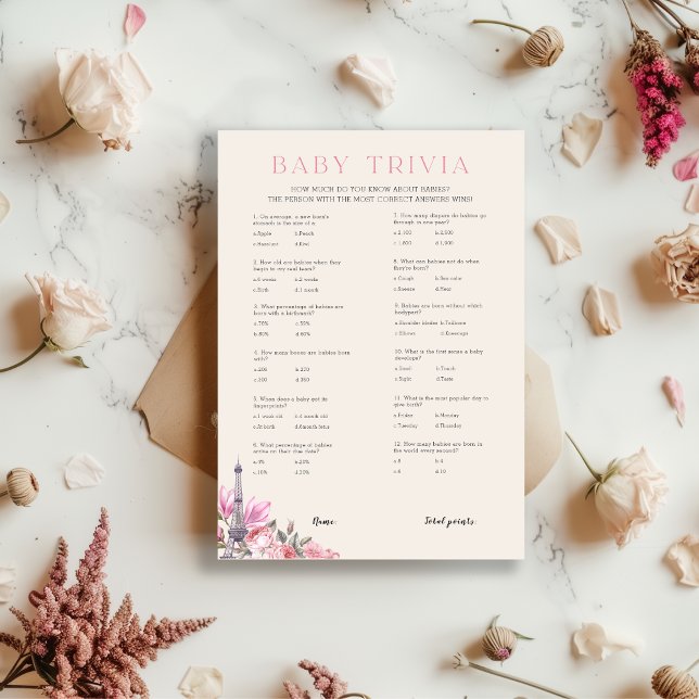 Invitación Bonjour Bebe | Baby Trivia Baby Shower Game Card (Subido por el creador)