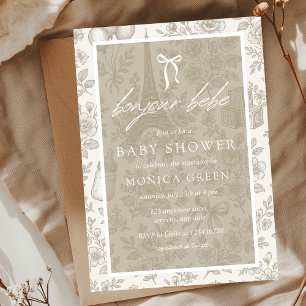 Invitación Bonjour Bebe Beige Neutra Toile Baby Shower francé