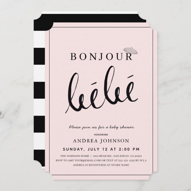 Invitación Bonjour Bebe Beret Chica rosa moderno Baby Shower
