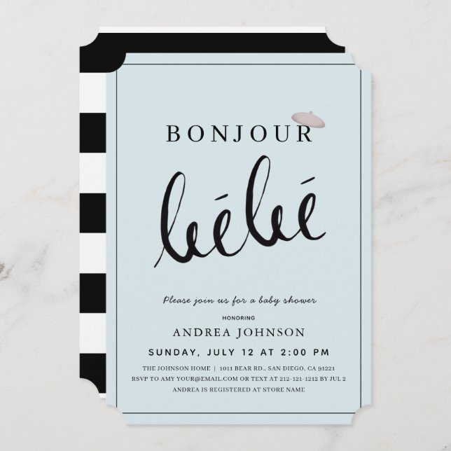 Invitación Bonjour Bebe Beret Modern Blue Boy Baby Shower (Anverso / Reverso)