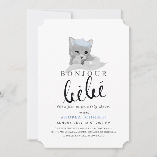 Invitación Bonjour Bebe Blue Beret Cat Boy Baby Shower (Anverso)