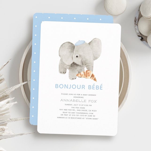 Invitación Bonjour Bébé Blue Beret Elephant Baby Shower (Subido por el creador)